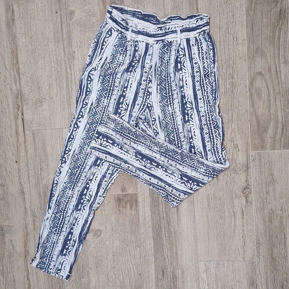 Cali 1850 Linen Blend Boho Paperbag Waist Pants Size M Blue White Print #1094 - Picture 3 of 8